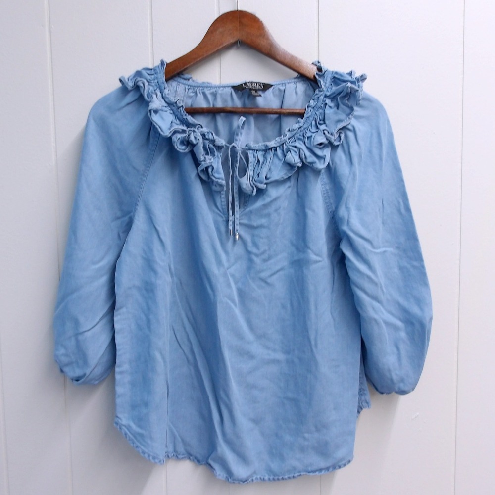 Lauren Ralph‎ Lauren Ruffle Collar Top Chambray Blouse 3/4 Sleeve Size S / #6306